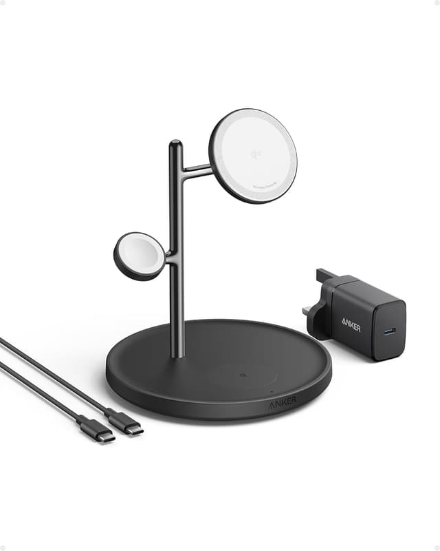 Detalle de Anker 3-in-1 Wireless Charging Station (MagSafe & Qi2) with 15W Stand for iPhone, AirPods & Apple Watch