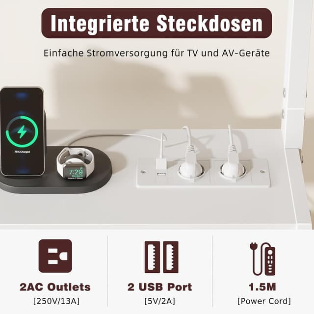 Detalle 2 de OYRREU TV-Ständer mit LED, Rollen, integrierten Steckdosen & höhenverstellbarer Halterung (4 Schubladen, weiß)