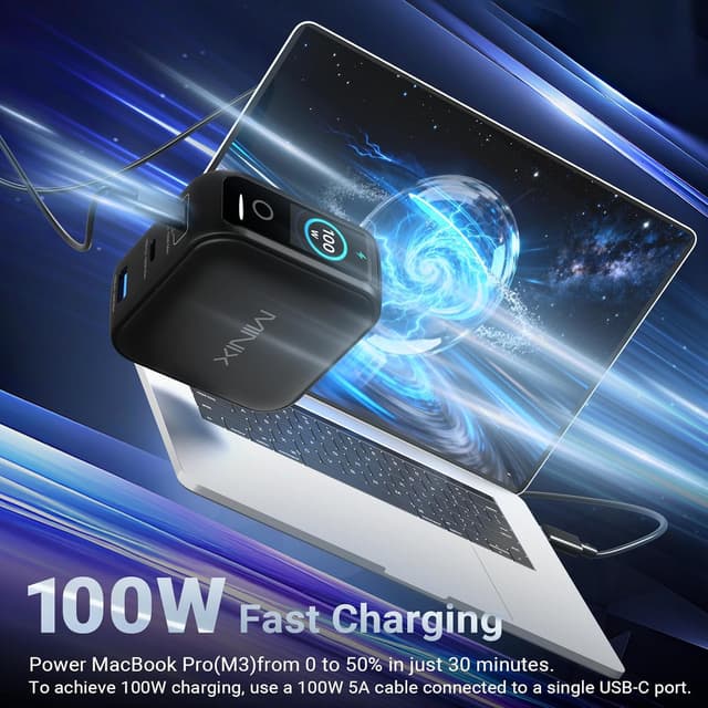Detalle 2 de MINIX 100W USB‑C Ladegerät mit 3 Ports (GaN) und Smart Display – für MacBook, iPhone & Co.