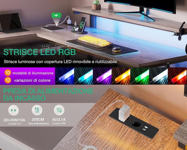 Thumbnail 6 de ODK Scrivania ad angolo reversibile con 2 prese, 2 porte USB e LED (Quercia Grigia) 155x110 cm