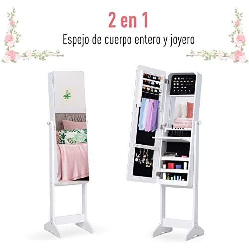 Detalle de HOMCOM joyero de pie con espejo y luces LED reclinable (30x36x146 cm) para anillos, pendientes y collares
