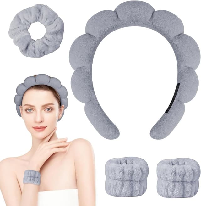 Detalle de Alaoo Fascia Capelli Donna Trucco: set da 4 pezzi per lavare il viso, applicare il trucco e fare la doccia (grigio)