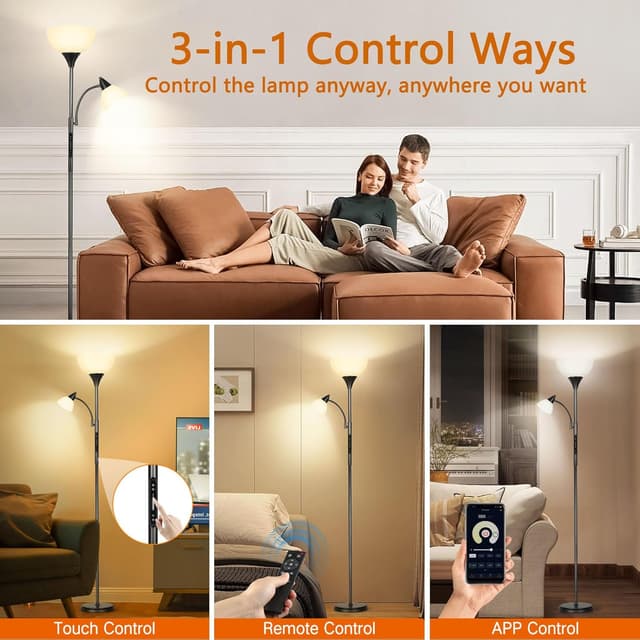 Detalle de OUTON Dimmable LED Floor Lamp with Touch Control, Remote & App (Uplighter + Reading Goose Neck) and 1-Hour Timer