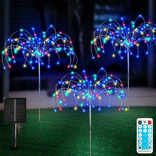 Detalle de FANSIR Solar Garden Lights Outdoor 3 Pack with Remote Control (8 Modes, 120 LEDs) – Firework-style waterproof lamps