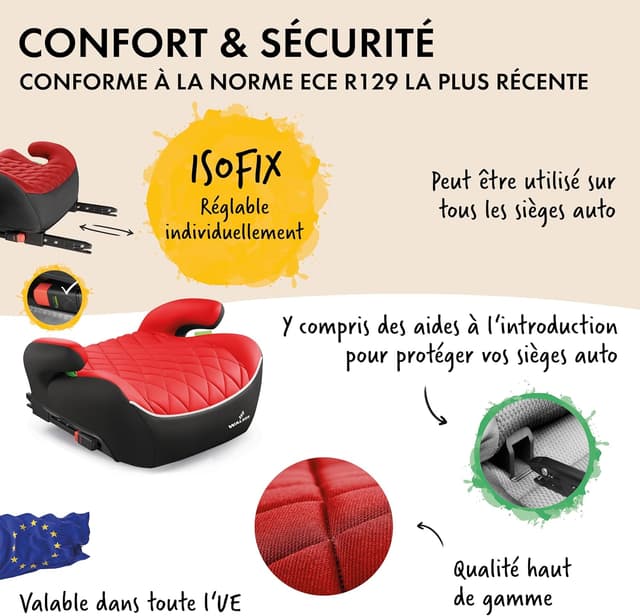 Detalle de Walser WALSER Andy rehausseur de siège enfant ISOFIX ECE R 129 (125 à 150 cm) noir/rouge