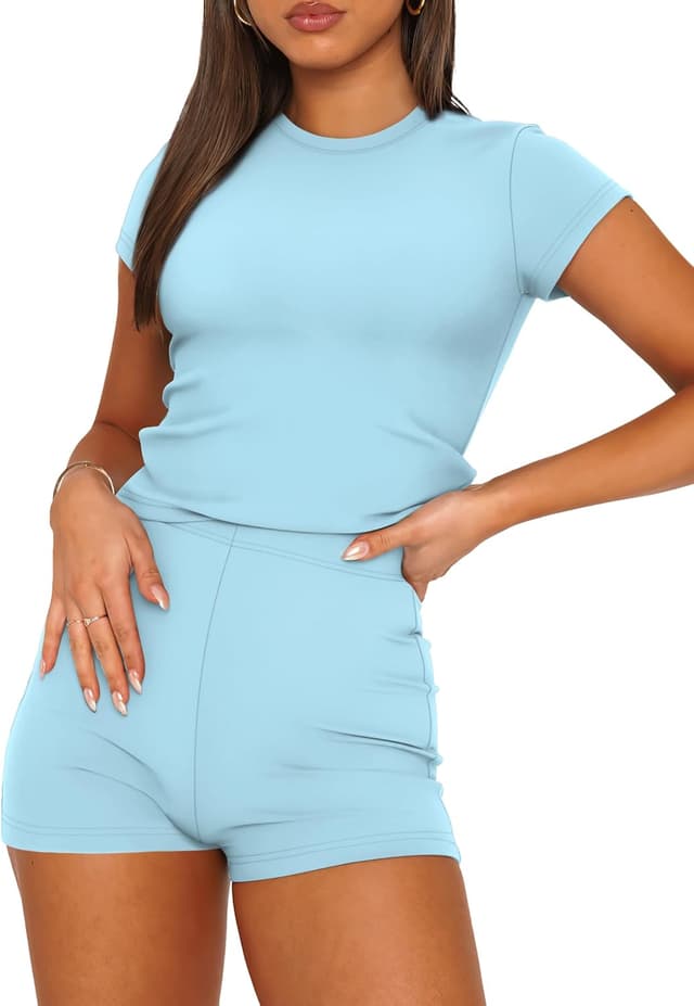 Detalle 2 de SAMPEEL Women’s Two-Piece Lounge Set (Crew Neck Baby Tee + High-Waisted Short)