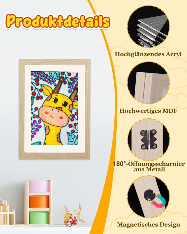 Detalle de Hipsignal Kinder Bilderrahmen (2er-Set) A4 mit Frontöffnung – für Zeichnungen zum Aufhängen oder Aufstellen