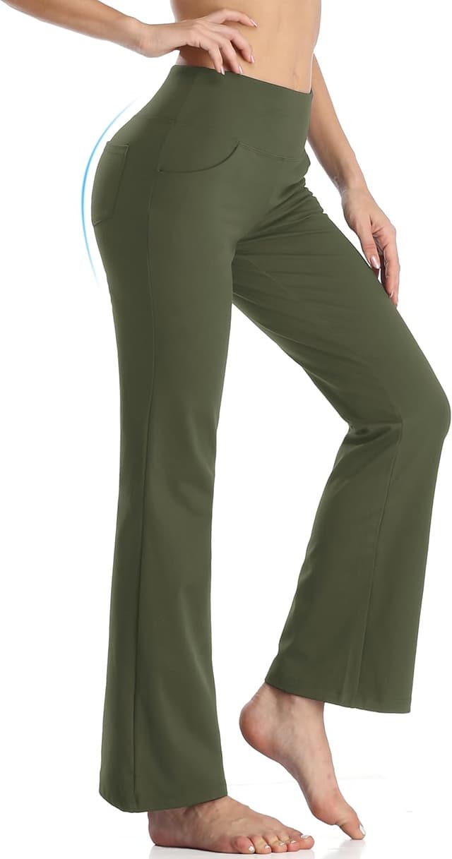 Detalle 2 de MOVE BEYOND Pantalon et pantacourt de yoga bootcut pour femmes, 4 poches et contrôle du ventre