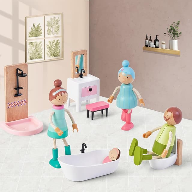 Detalle de Giant bean Puppenhaus Möbel Set aus Holz (36-teilig) – Rosa, Puppenhaus-Zubehör für Kinder ab 3 Jahren