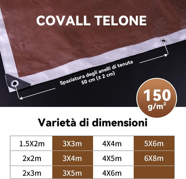 Detalle de COVALL Telone impermeabile 150g/㎡ 3×4 m (argento/marrone) con occhielli rinforzati