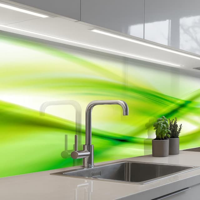 Detalle de KitchenYeah© Küchenrückwand 60x300 cm mit Glasoptik-Design – selbstklebender Spritzschutz in Grün (abstrakt)
