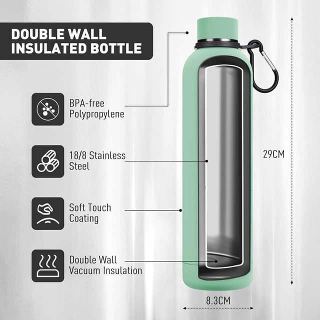 Detalle de Exllena Insulated Water Bottle 1L (Mint) with Buckle — Double Wall Stainless Steel, 24h Cold / 12h Hot, BPA-Free