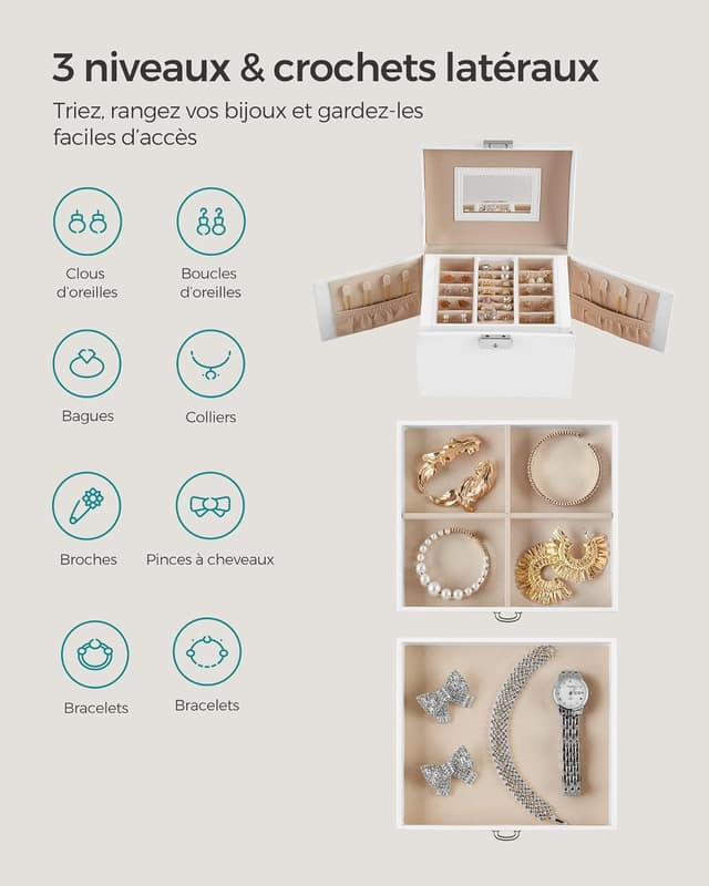 Detalle de Boîte à bijoux SONGMICS à 3 niveaux avec miroir, 2 tiroirs et serrure JBC154W01