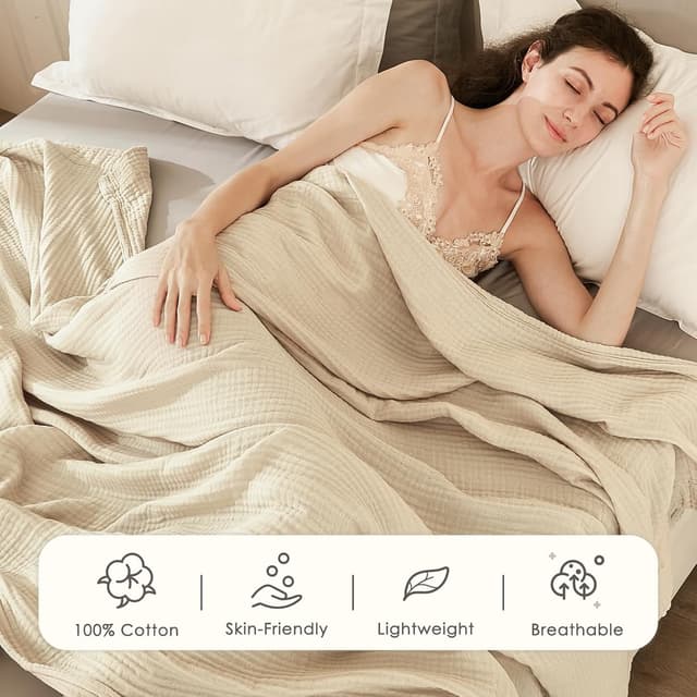 Detalle 2 de EMME Musselin-Decke für Erwachsene aus 100% Baumwolle, 152 x 203 cm (Beige)