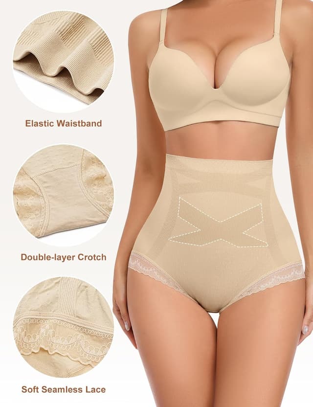 Detalle de Culotte gainante Wiepux ventre plat à dentelle, sans couture (seconde peau) – noir, nude, café