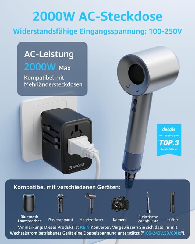 Detalle de decqle Reiseadapter Weltweit – Universal-Reisestecker mit 2× USB‑C (GaN 45 W), USB‑A und AC‑Steckdose (EU/UK/US/AU, schwarz)