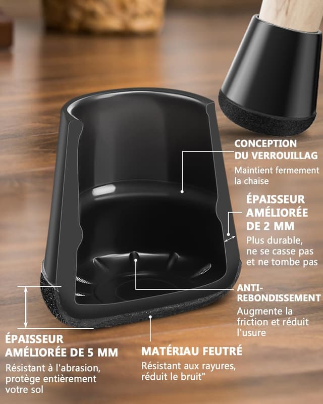Detalle de Lytool 26 protège-pieds de chaise en silicone (feutre épais), pour pieds 14 à 20 mm