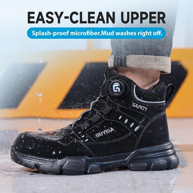 Detalle de GUSAYEX men’s lightweight steel toe cap safety boots with puncture-resistant midsole and quick swivel buckle lacing