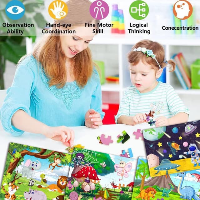 Detalle 2 de Wooden Jigsaw Puzzles for Kids (3–6) Space Dinosaur Animals – 4 x 30-Piece Set