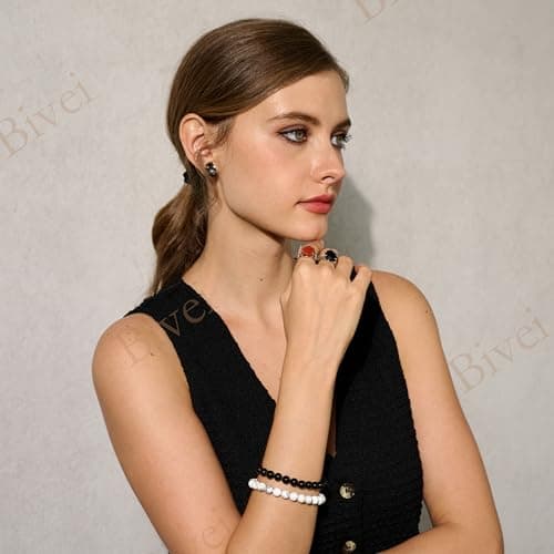 Detalle de Bivei Obsidiana Negra “Fuerza” – Pulsera de cuentas elástica de obsidiana natural (8 mm)