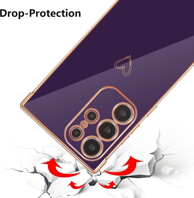 Detalle de ZTOFERA Handyhülle für Samsung Galaxy S24 Ultra 5G (6,8") – Silikon-Bumper mit Herz & goldenem Rand, dunkelviolett