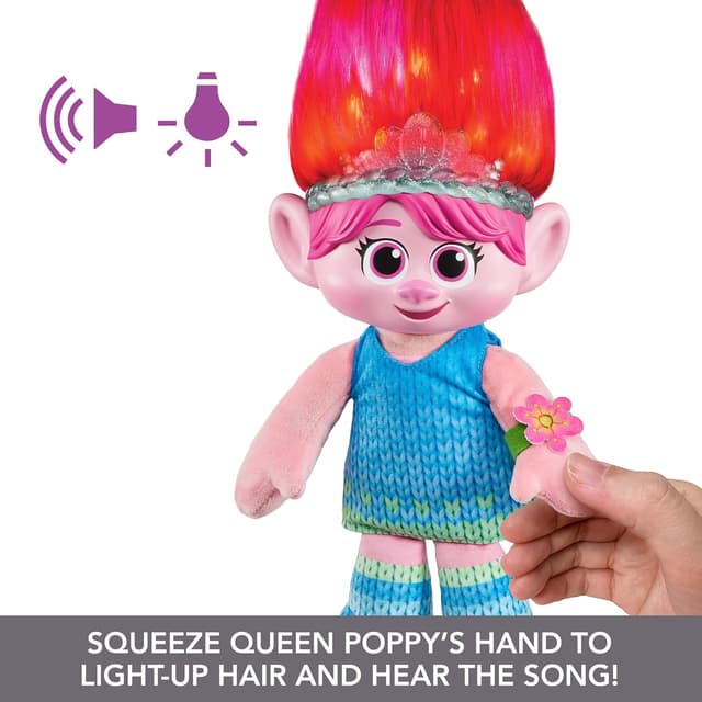 Detalle de DreamWorks Trolls Band Together Hair Pops Showtime Surprise Queen Poppy plush toy (14 inch) with lights & sounds