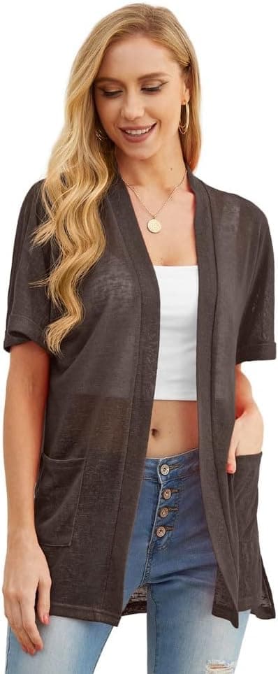 Detalle de PrinStory Women’s Lightweight Open-Front Cardigan with V-Neck and Pockets (Long Sleeve)