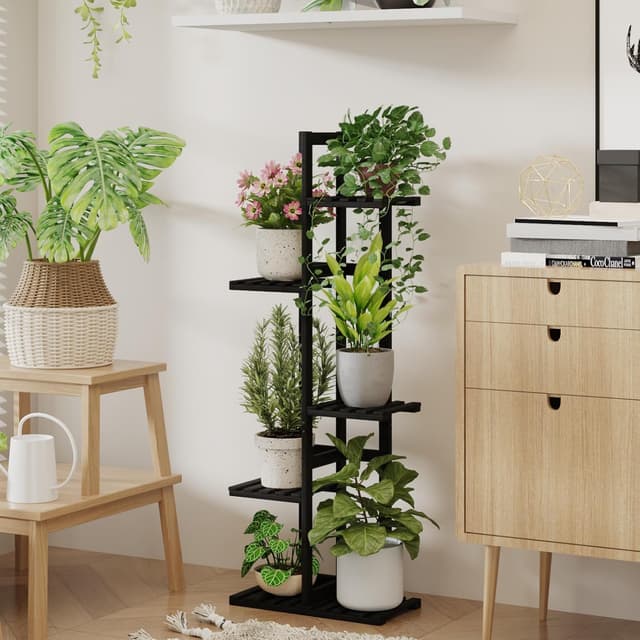 Detalle de Bamworld 5-Tier Bamboo Corner Plant Stand (Black) for Indoor Window Gardens & Balconies