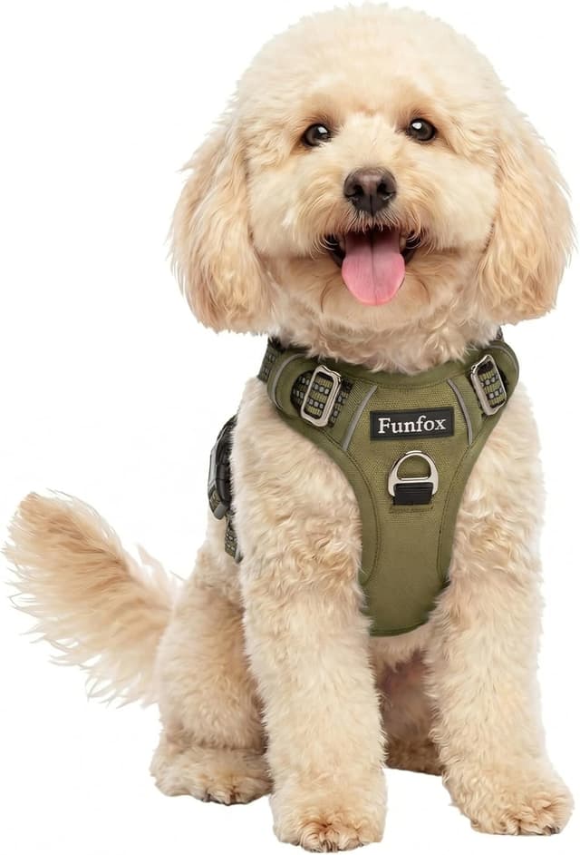 Detalle de Funfox Dog Harness Small (Army Green) – No Pull Puppy Vest with Vertical Handle, Reflective Strips & Adjustable Fit