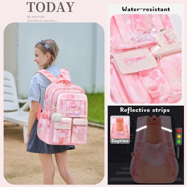 Detalle 2 de Bansusu Kawaii Girls Backpack for Kids (31 x 16 x 45cm) with chest strap, multi-pocket 22L capacity