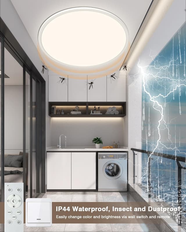 Detalle de Bowfar 59 cm LED-Deckenlampe flach (56 W) mit Fernbedienung, 3000–6500 K, dimmbar, weiß