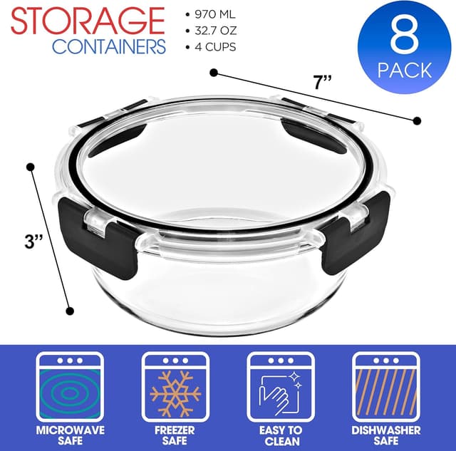 Detalle 2 de Sorbus 16pc Glass Meal Prep Containers Set (8 x 32oz) with Airtight Lids