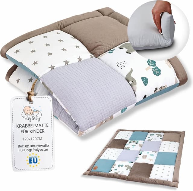 Detalle de Krabbeldecke Spielmatte/Krabbelmatte mit Patchwork-Motiven – faltbare Bodenmatte für Baby & Kinder (Oeko-Tex)