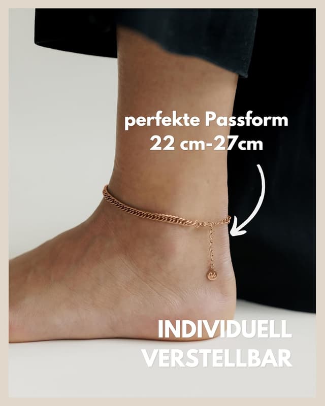 Detalle de GD GOOD.designs Fußkettchen für Damen aus Edelstahl – gold, silber oder roségold, verstellbar 22–27 cm