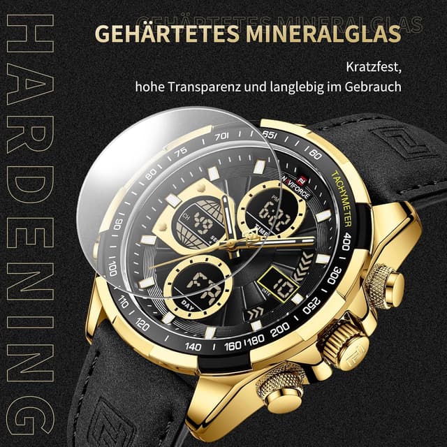 Detalle de Naviforce Herren Militär Digitaluhr mit analogem Quarzwerk, wasserdicht bis 30 m, Lederarmband