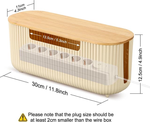 Detalle de CRROEL Cable Tidy Box with Bamboo Lid (Beige) for hiding power strips and desk cables