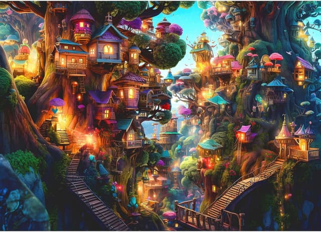 Detalle de MOJIGE Puzzle 1000 Teile „Fantasie-Baumhäuser“ für Erwachsene, 70 x 50 cm
