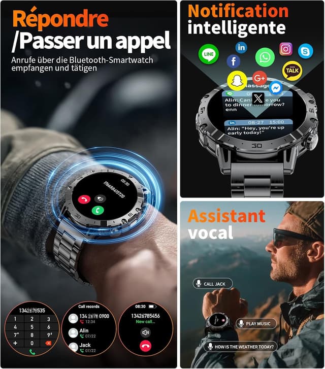 Detalle de LIGE Montre Connectée Homme Militaire 1,7’’ HD : appels Bluetooth, lampe LED et suivi sport & santé