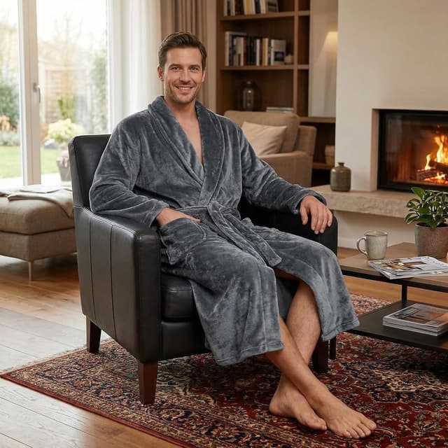 Detalle 2 de U2SKIIN Herren Fleece-Bademantel aus Plüsch – weich wärmender Morgenmantel für Nachtwäsche & Sauna