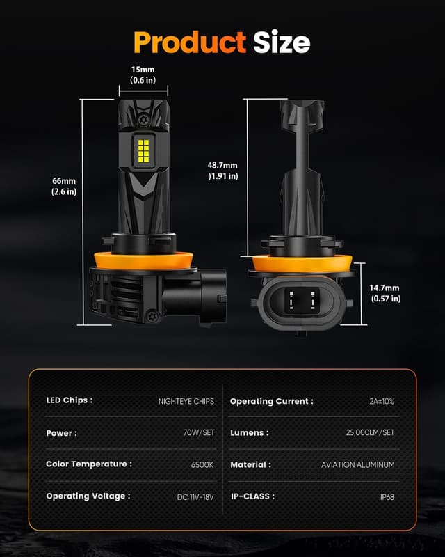 Thumbnail 6 de NIGHTEYE H11 LED Headlight Bulb (1:1 size) – 6500K cool white, IP68, plug and play, pack of 2