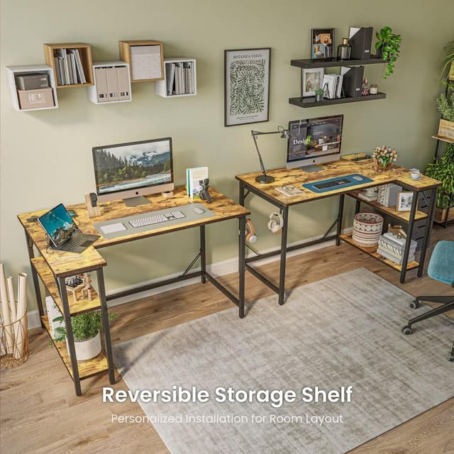 Detalle de DOMSHOCT 120 x 70cm Corner L-shaped computer desk with power outlets and reversible storage shelves (Rustic Brown)