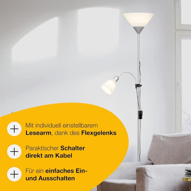 Detalle de Brilliant Lampe Spari Deckenfluter Lesearm silber/weiß – 1x E27, mit Schnurzwischenschalter, höhenverstellbar