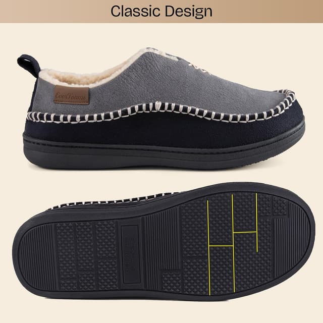 Detalle de EverFoams Men’s Micro Suede Memory Foam Moccasin Slippers with Fuzzy Sherpa Lining