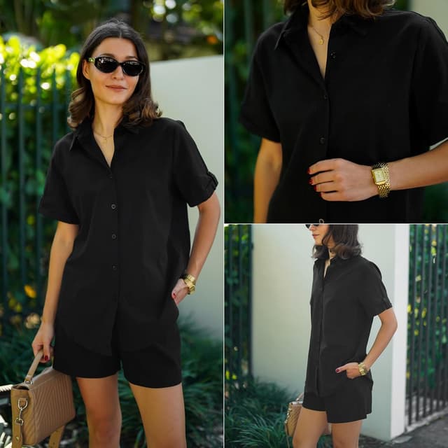 Detalle de Zeagoo Women Linen Button Down Shirt Rolled Cuff Short Sleeve V-Neck Blouse