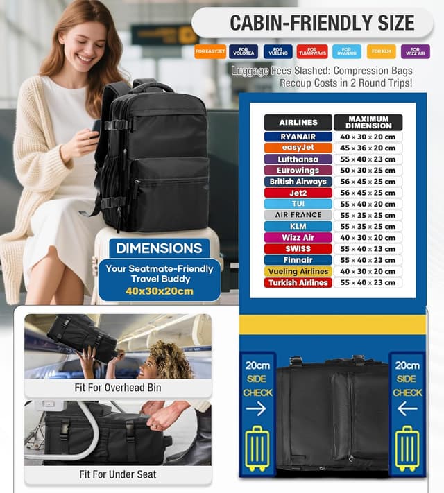 Detalle 2 de BOXSAM Vakuum-Rucksack fürs Handgepäck (Airbag/Vakuumsystem, inkl. Pumpe) – Schwarz