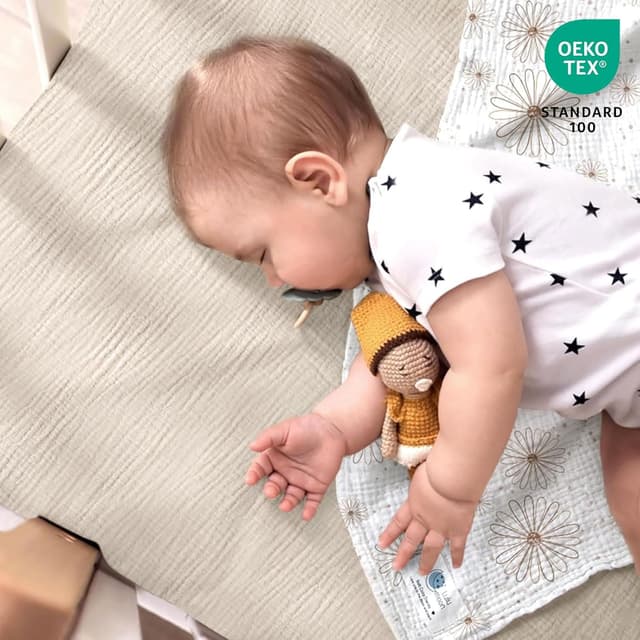 Detalle de lulumoon 2er Pack Musselin-Spannbettlaken für Babybett & Reisebett (60x120/70x140 cm) – Gänseblümchen Weiß