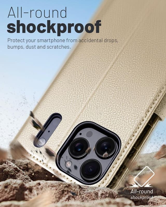 Detalle 2 de OCASE Hülle für iPhone 17 Pro Max 5G mit Kartenfach, Magnetverschluss, RFID-Blocker und Standfunktion (Gold)