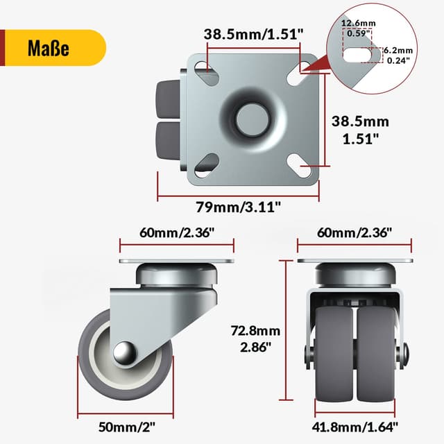 Detalle de 50 mm Möbelrollen mit Sicherheitsbremse – 4er Set Schwerlastrollen (2 gebremst, 2 ohne) mit 400 kg Gesamtkapazität