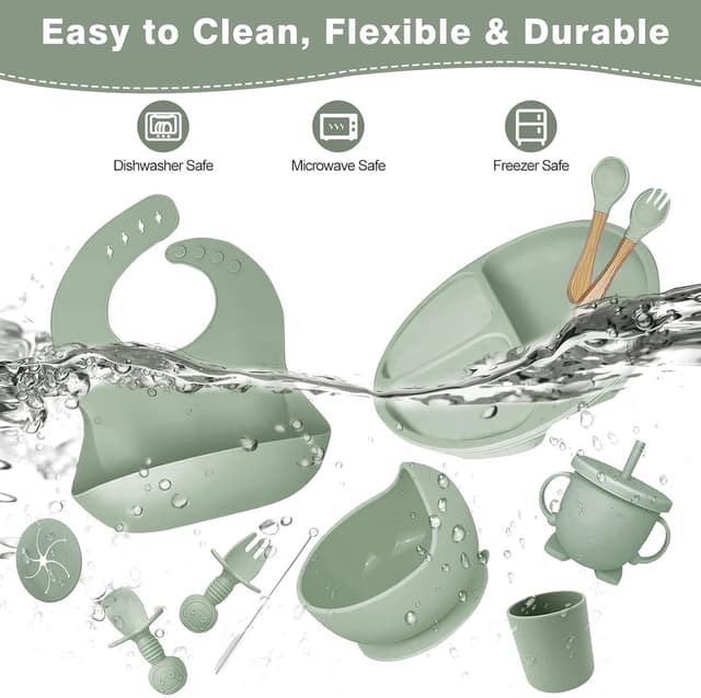 Detalle de CUBTEM Baby Geschirrset (12-teilig) – Kindergeschirr mit Babylöffel, Trinklernbecher, Saugnapf & Silikon-Lätzchen