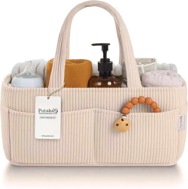 Detalle de PUTSKA Baby Wickelkommode-Organizer „Diaper Caddy“ aus Cord in Creme (36 x 23 x 18 cm)
